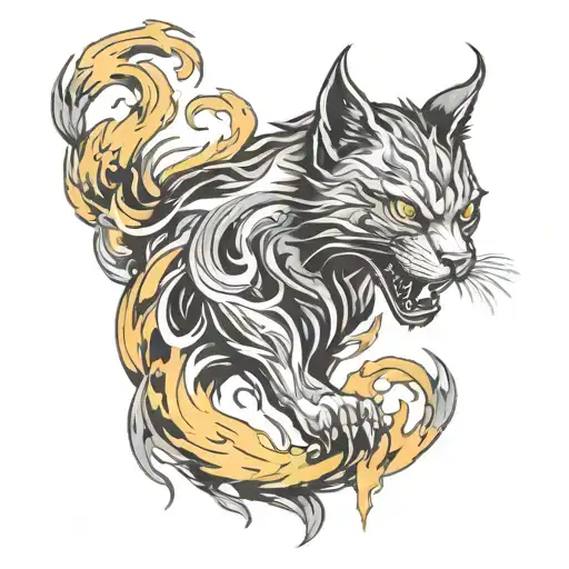 A Fierce Mythical Hell Cat Breathing Fire While Surrounded By Flames And Skulls