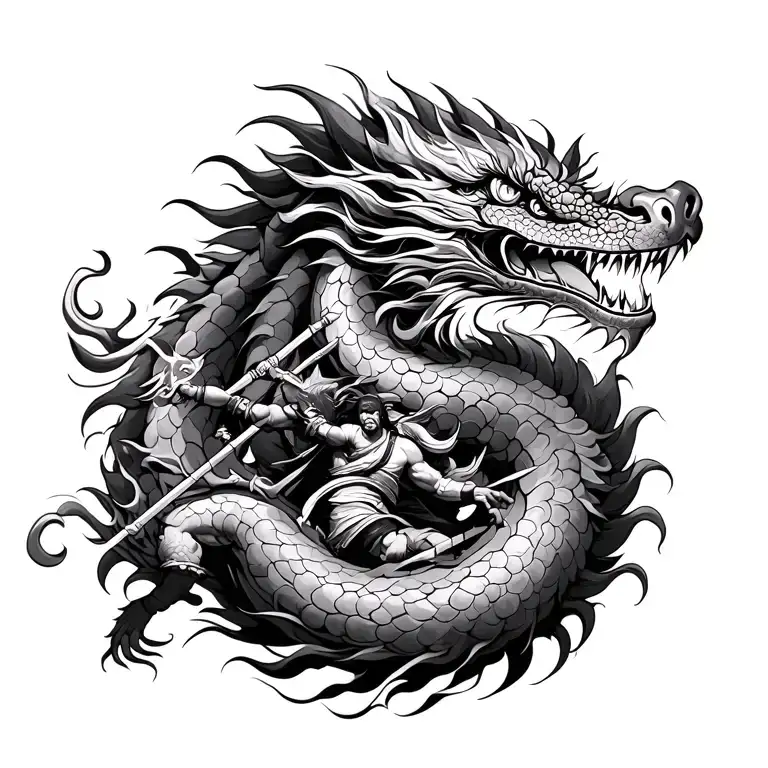 Chinese Dragon With Ninja Warrior Battling Mythical Creatures