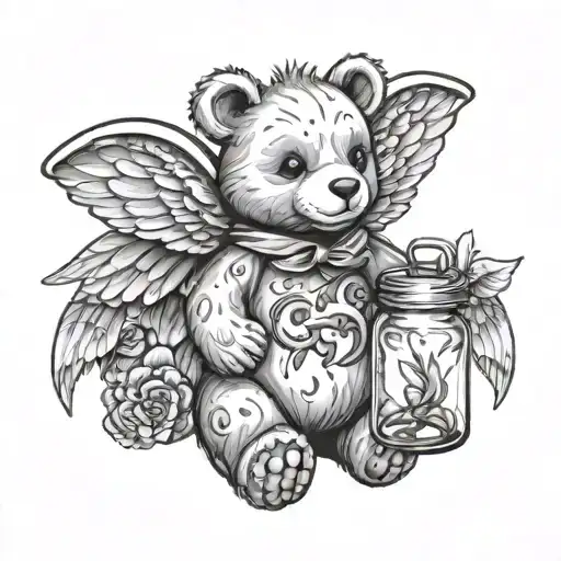 Teddy Bear With Angel Wings Holding Jar Of Dragon Flies