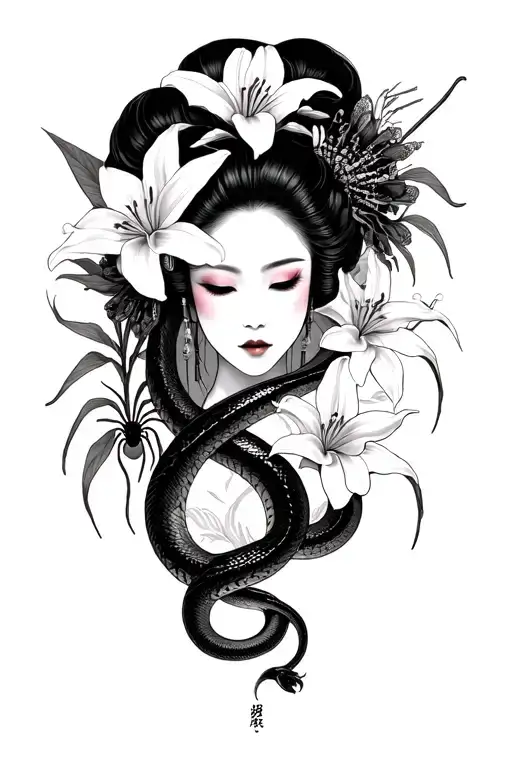 Geisha Surrounded By Spider Lillies & A Snake Coiled Around The Geisha