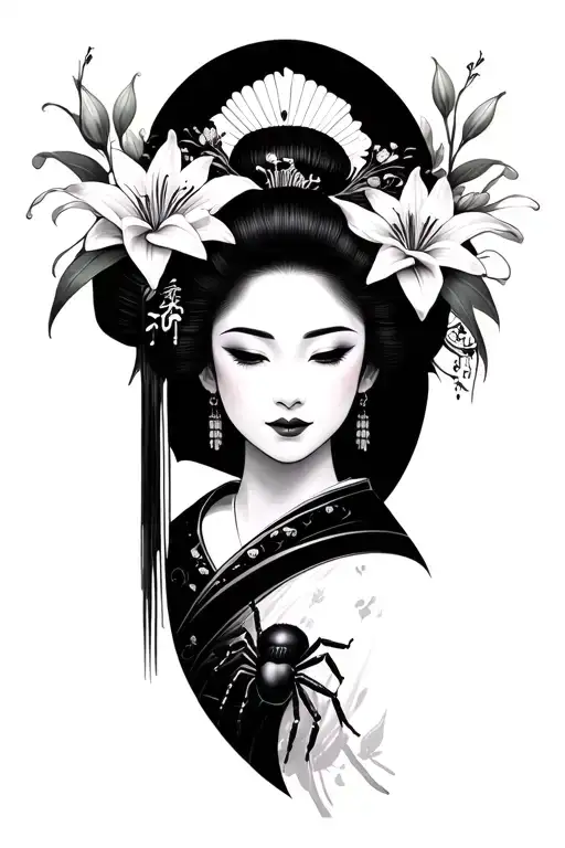 Geisha Surrounded By Spider Lillies & A Spider Crawling On The Geisha
