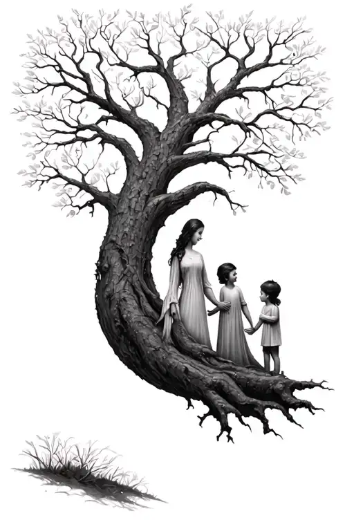 A Tree Of Life Without Leaves With A Mother And Two Children In The Arms Of A Trunk
