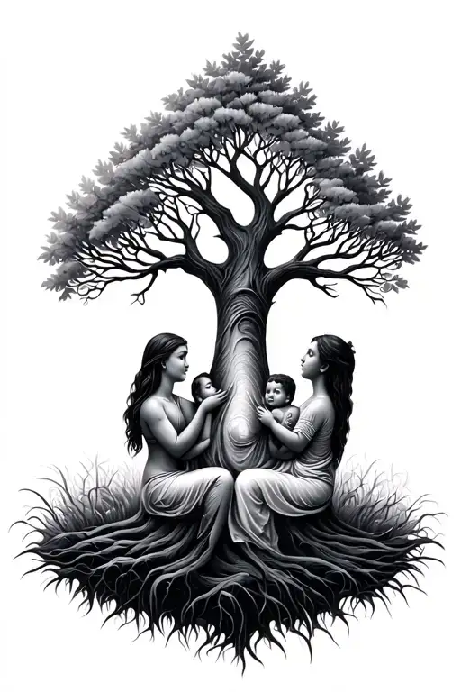 Tree Of Life Without Leaves With Mother's Outlines And Two Children In Arms In The Tribe
