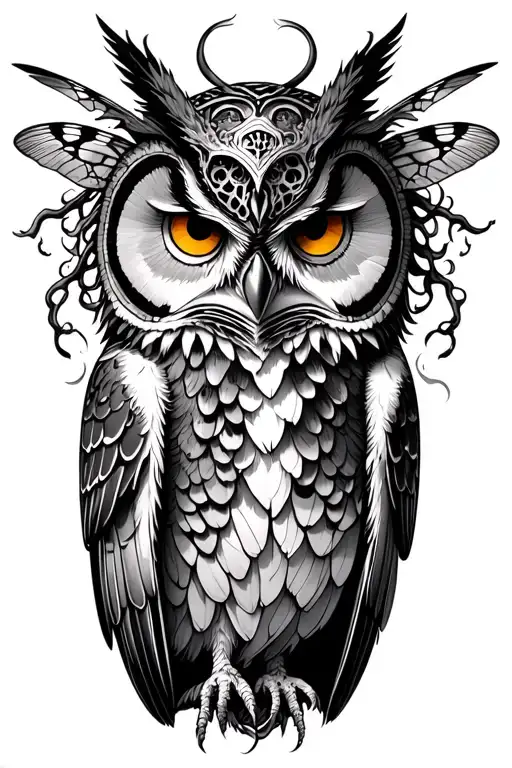 An Owl With A Death Moth And Medusa Head