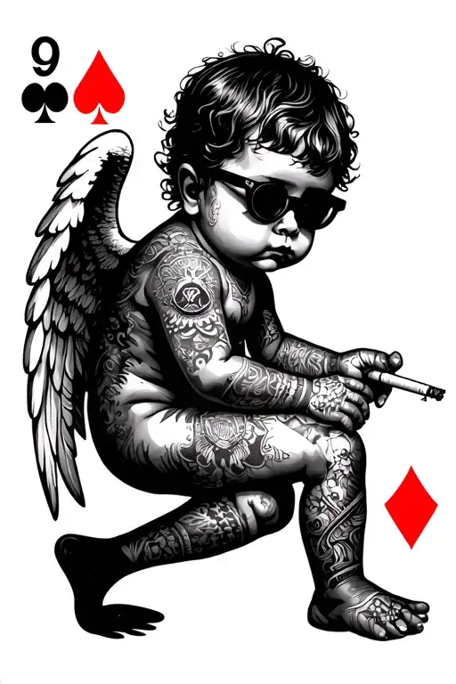 Baby Angel With Tattoos And Sigaret And Sun Glasses On Poker Card Back And Grey