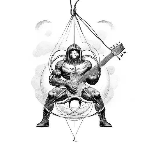 Titan Atlas Plays The Electric Guitar Hanging Around His Neck While Carrying The World On His Back