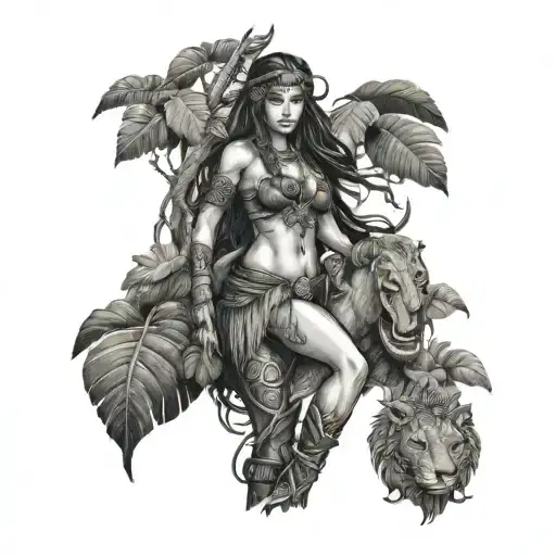 Amazon Warrior Woman With Long Hair Stand Beside A Big Jungle Tree In Jungle Forest