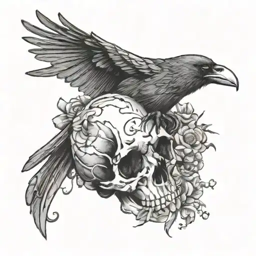 Knife Through Raven Skull Surrounded By Flowers Intertwined