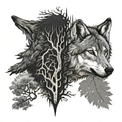 Half Tree And Half Wolf Head