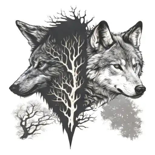 Half Tree And Half Wolf Head