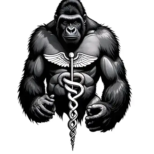 Gorilla With Ptsd Holding A Caduceus With Snake Heads Visible