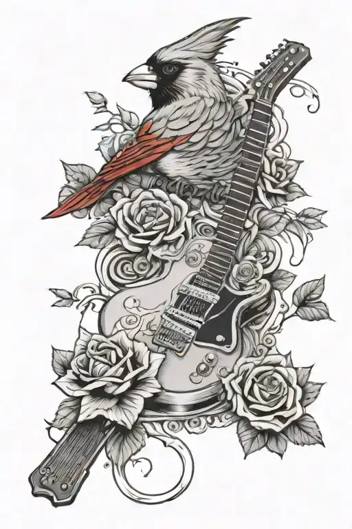 Feminine Memorial Cardinal And Cascade Of Roses In Front Of Red Electric Guitar