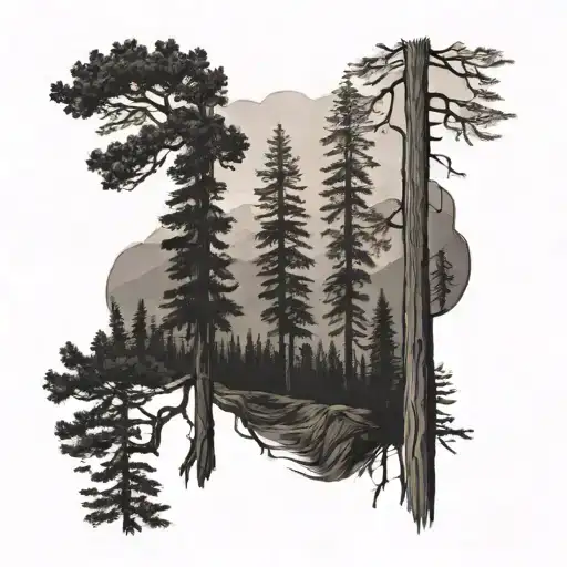 A Redwood Tree Or Forest With Mountain Range