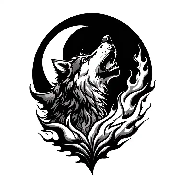 A Wolf Made Of Fire Howling To The Moon