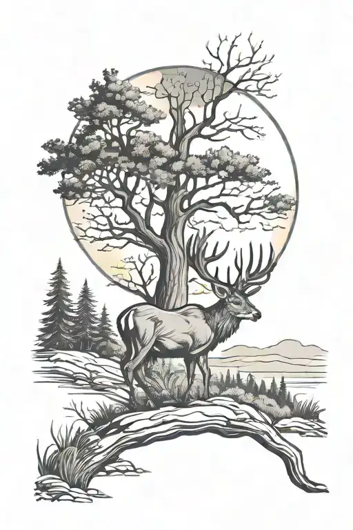 Buck Walking Into Dark Forest Into Sunset