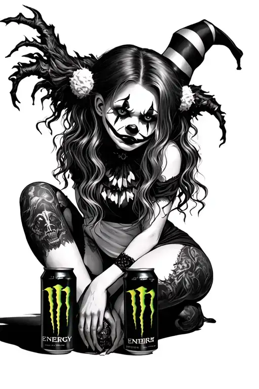 Gothic Clown Girl Posing Together Looking Unhappy With Monster Energy Cans
