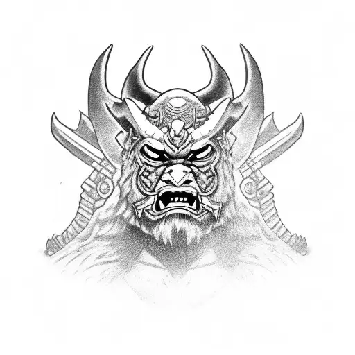 Warrior Oni Mask Thick Black Outline In American Traditional Tattoo Style