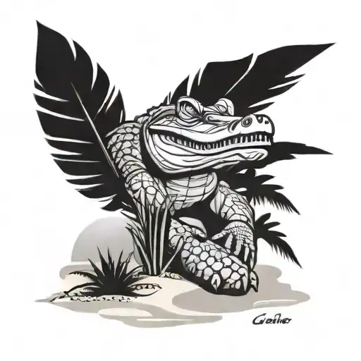 Beach Scene With A Gator Laying Under A Palms Tree During Sunset