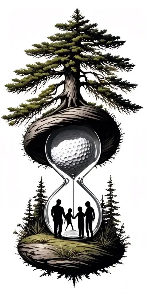 Pine Forest Wrap Around And Family Tree And Hour Glass Father With 3 Kids And Golf