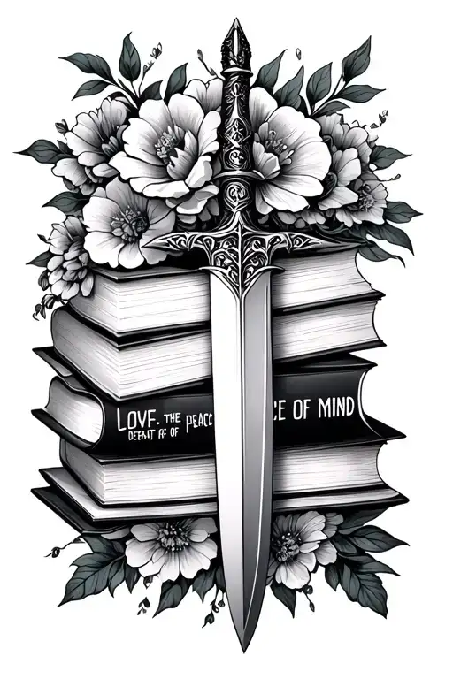Dagger Through Books Surrounded By Florals With The Words Loves The Death Of Peace Of Mind
