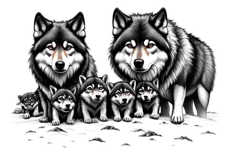 Mother Wolf And 5 Cubs