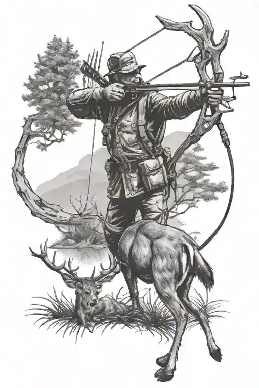A Hunter Aiming A Bow At A Deer In A Natural Setting