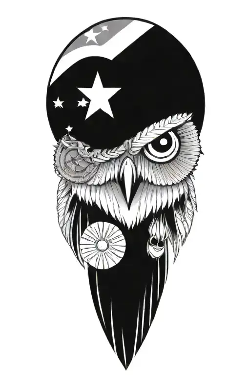 Fierce Owl With Native American Jewelry And American Flag
