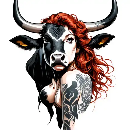 Dominant Girl Red Hair And Bull