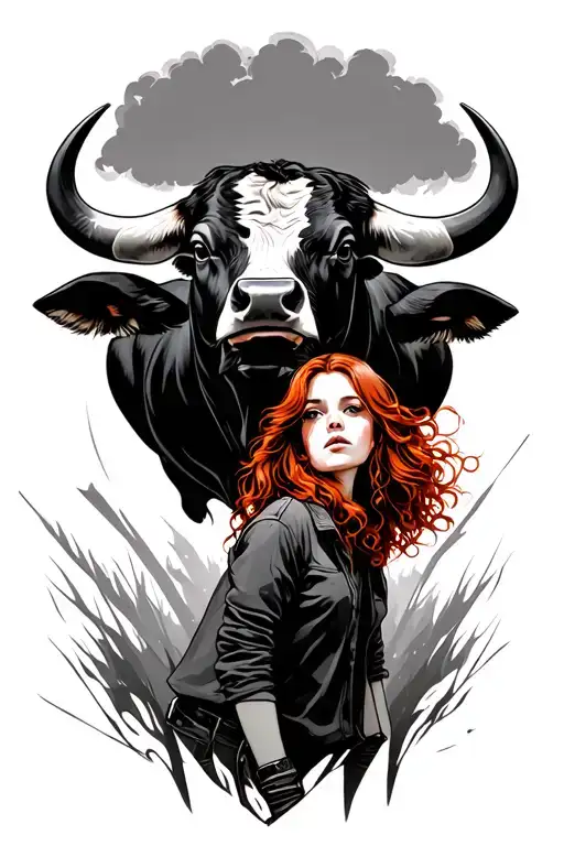 A Girl Red Hair In Front Of A Bull