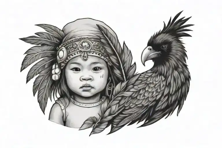 A Baby Girl Wearing A Babaylan Costume With Raven Feathers