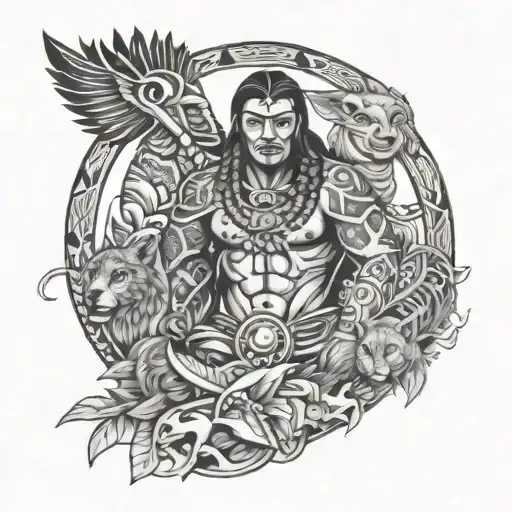 A Polynesian Warrior Adorned With Traditional Tattoos Surround With Animals