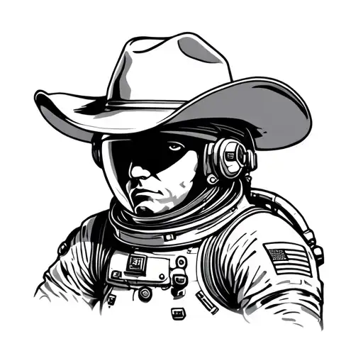 Astronaut Wearing A Cowboy Hat In Blackwork Design