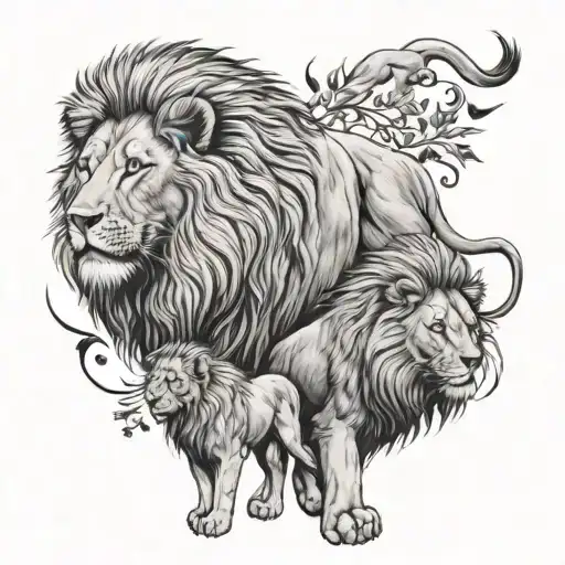 Proud Lion Father With Two Child Walking