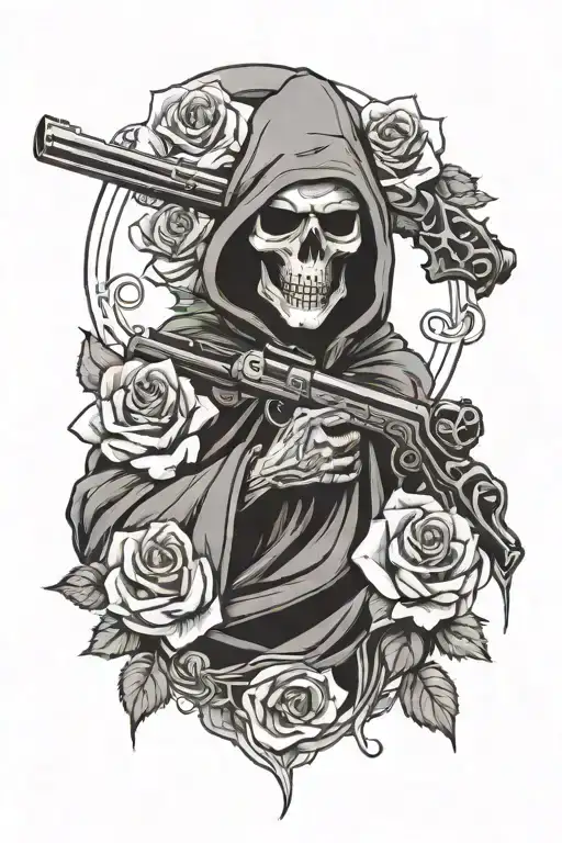 Grim Reaper Wrapped In Roses Holding A Gun