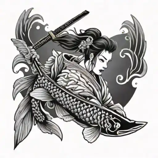 Japanese Warrior Geisha Katana Koi Fish