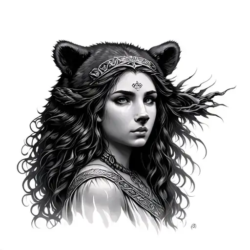 Druid Woman Face With Bear Head