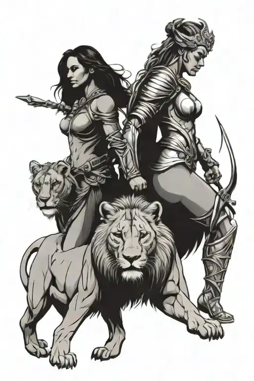 Lioness And Female Warrior Standing