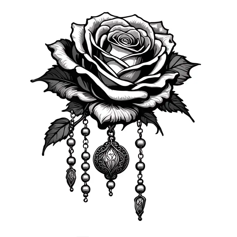 Rose Hanging Over Rosary Beads Intertwined