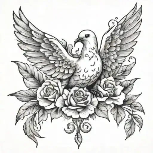 Dove And Floral With Angel Wing Fused On Right Side Of Stomach