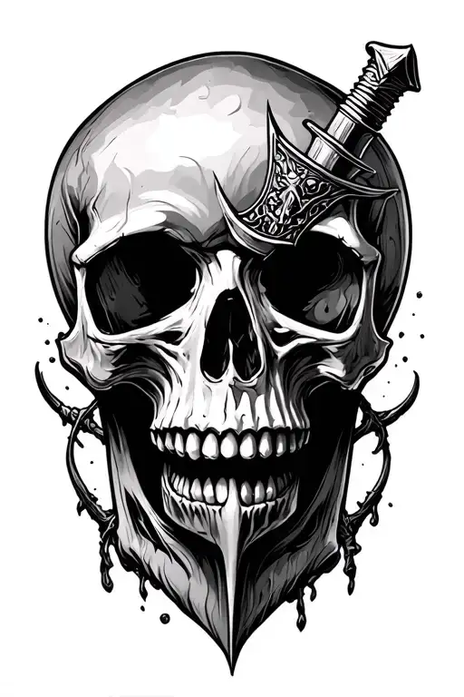Skull With A Dagger Going Down It's Head And Out Of The Bottom Of It's Jaw And It's 2D