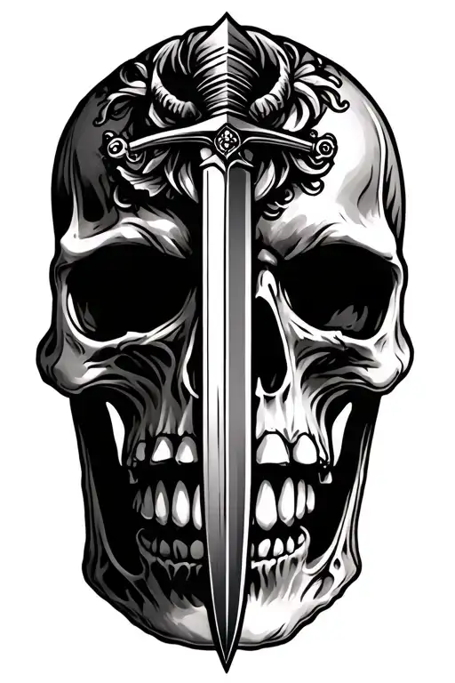 Skull With A Dagger Going Down It's Head And Out Of The Bottom Of It's Jaw And It's 2D