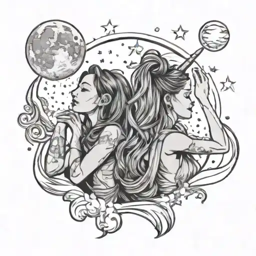 4 Female Friends Looking Up At The Moon And Shooting Stars