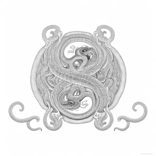 A Black-grey Design Of A Snake Coiled Around A Sraka In A Yin Yang Formation