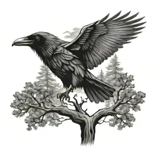Raven Flying Out Of A Redwood Tree