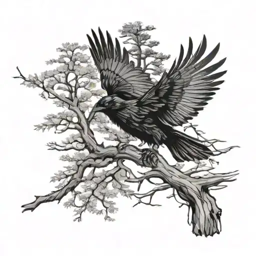 Raven Flying Out Of A Redwood Tree Branch
