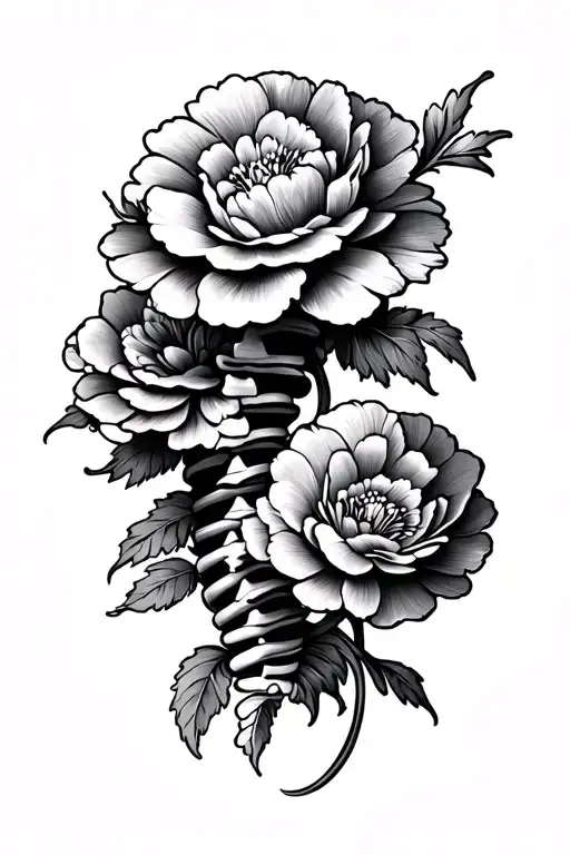 Spine Tattoo With Carnation Flowers That Spiral And Some Sort Of Car Element