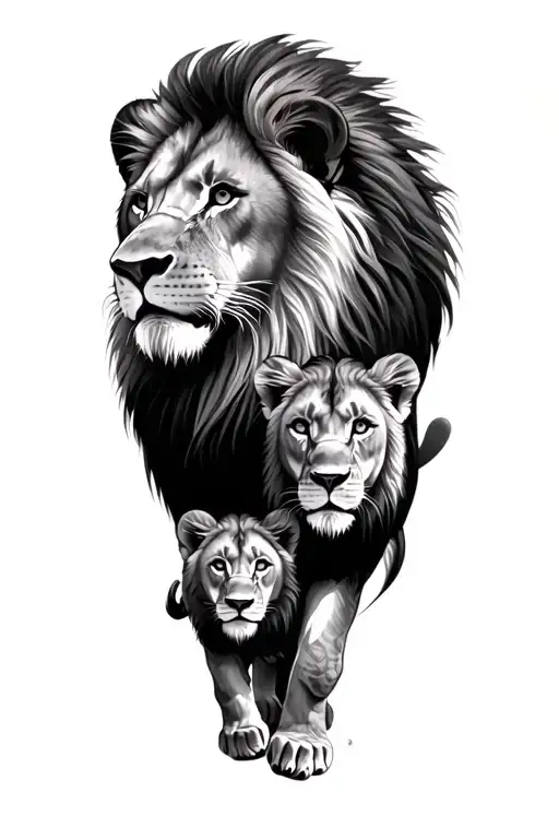 Male Lion With Female Lion And Two Cubs
