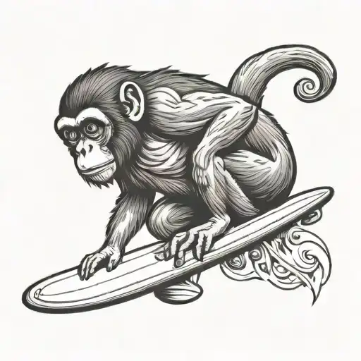 A Monkey Surffing But It Is On The Top Of A An Animal And It Is An Pinguim