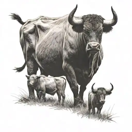 Picture Of A Father And Son Bull From Behind Looking Out Over A Pasture