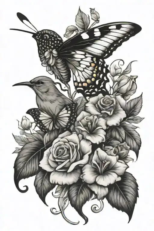 Flowers With Leaf And Butterfly With Bird Perched